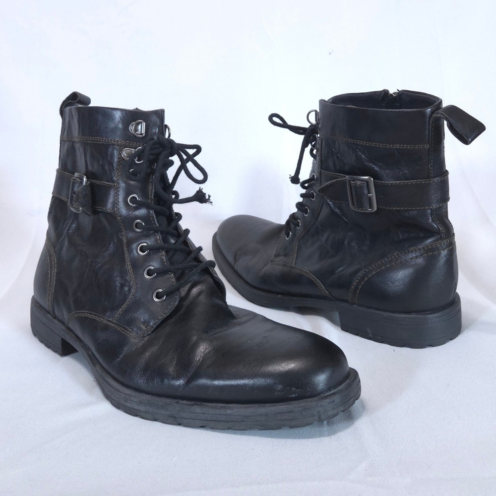 Aston Grey Rockcastle 2 Leather Combat Boots Mens 12 Black Side Zip Buckle Moto